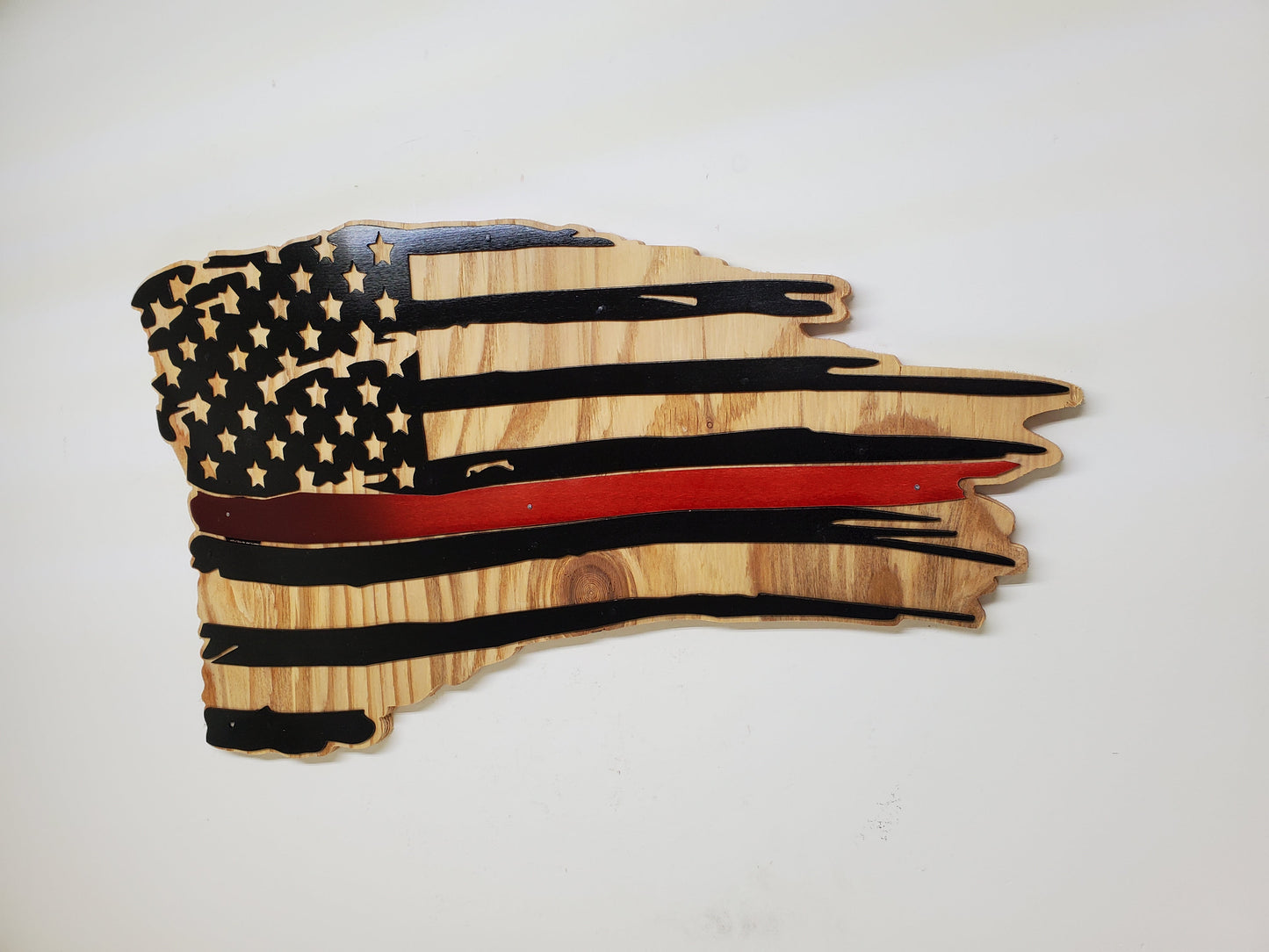 Red Line American Flag Metal Art on Wood