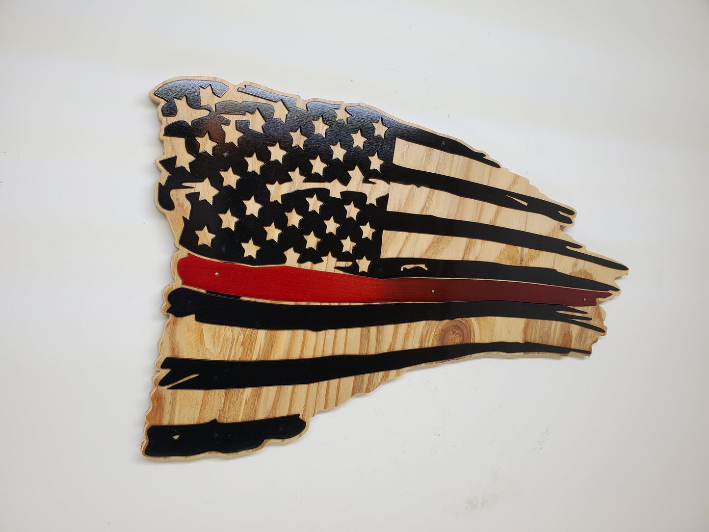 Red Line American Flag Metal Art on Wood