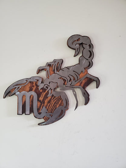 Scorpio Zodiac Symbol Metal Art on Wood