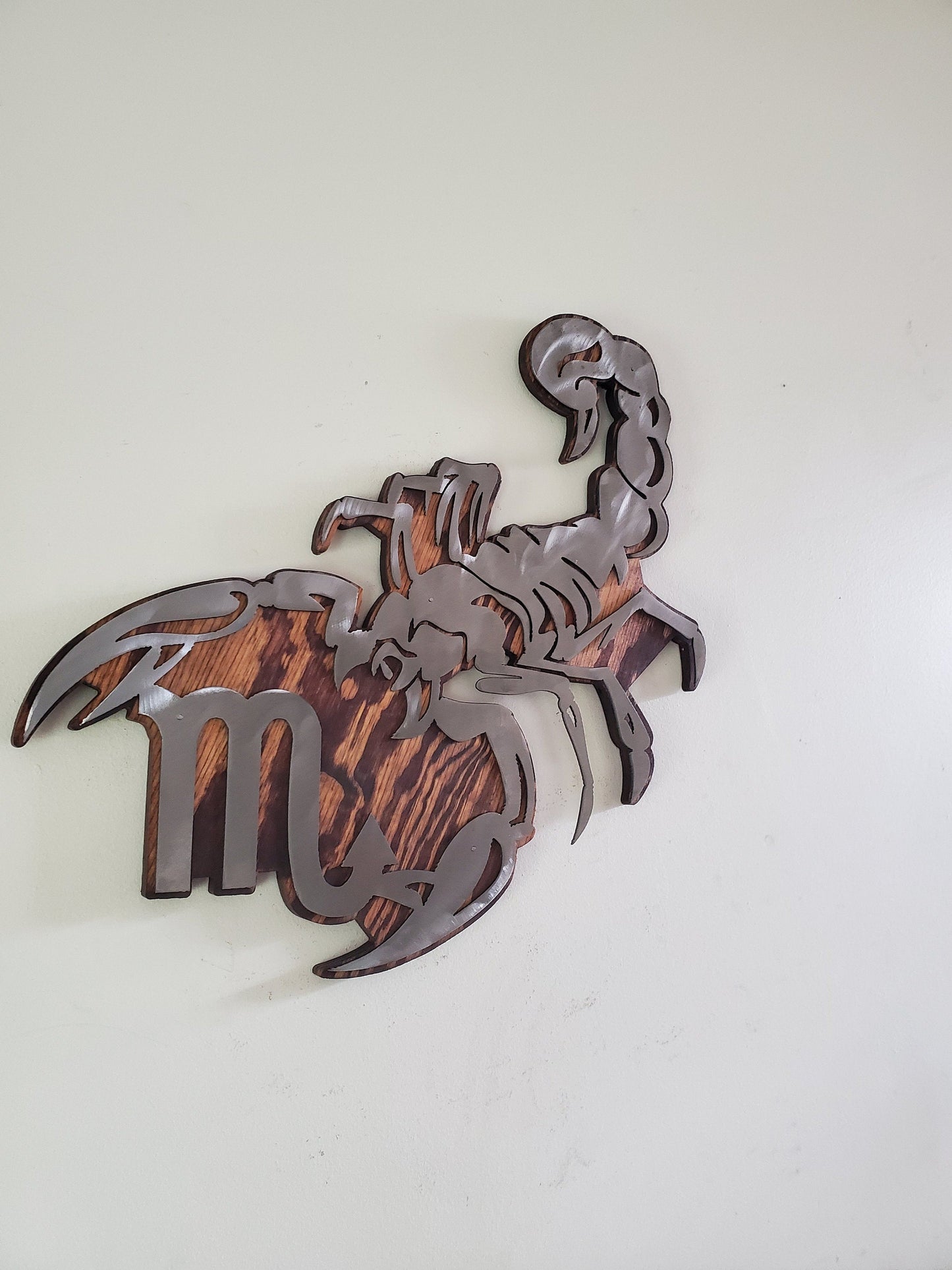 Scorpio Zodiac Symbol Metal Art on Wood