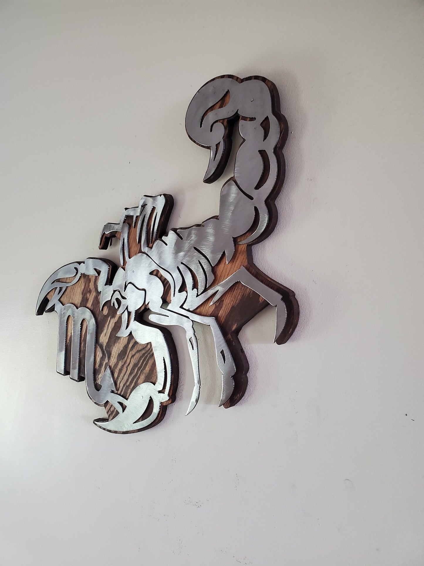 Scorpio Zodiac Symbol Metal Art on Wood