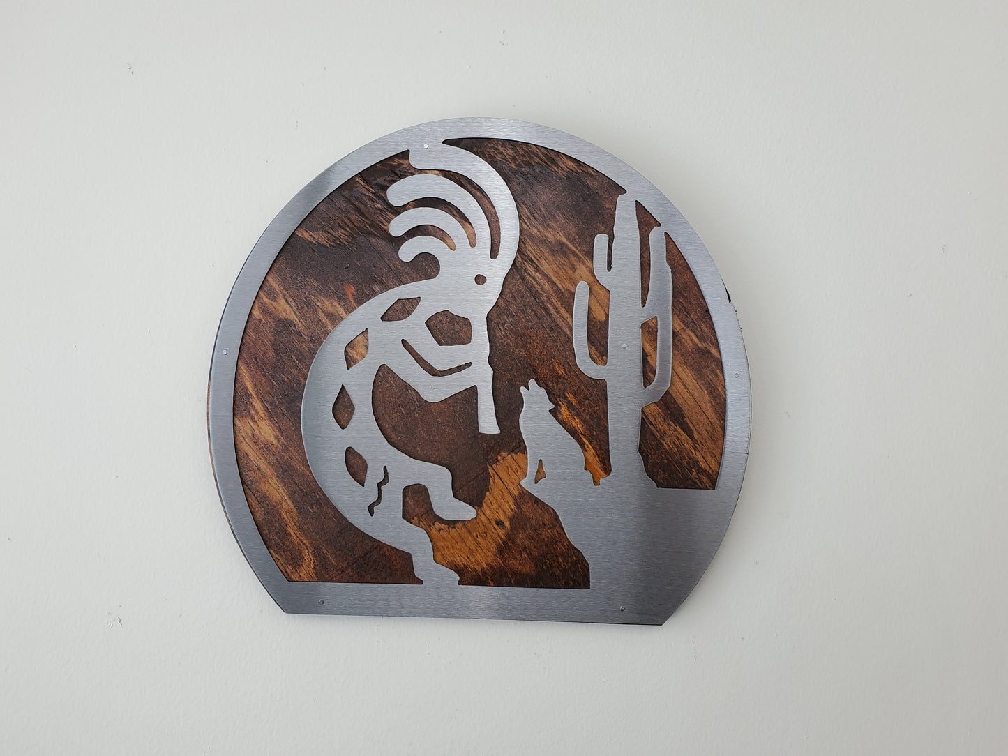 Kokopelli Dance Metal Art on Wood