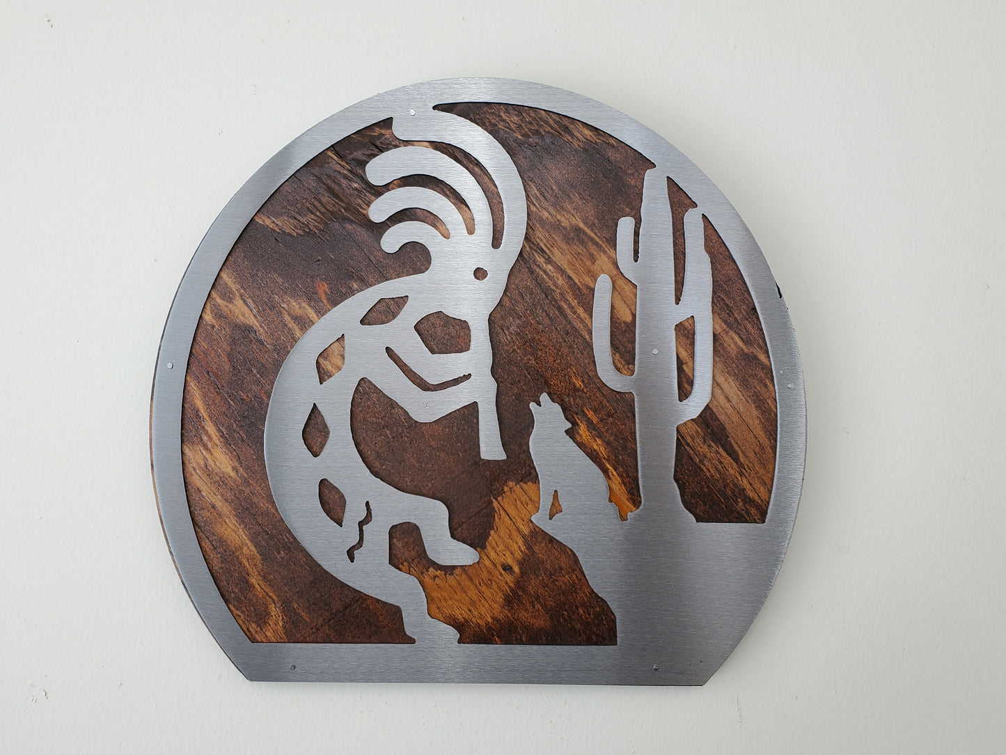 Kokopelli Dance Metal Art on Wood