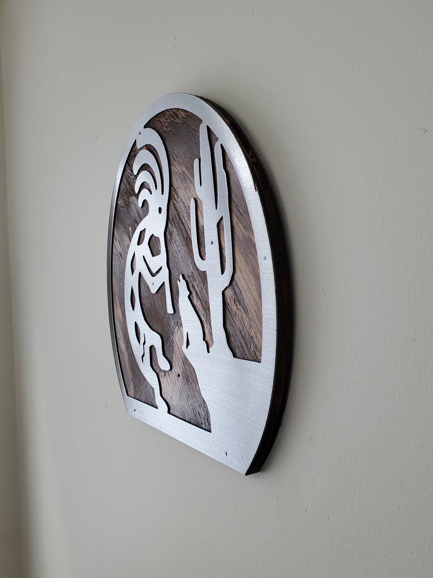 Kokopelli Dance Metal Art on Wood