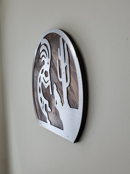 Kokopelli Dance Metal Art on Wood