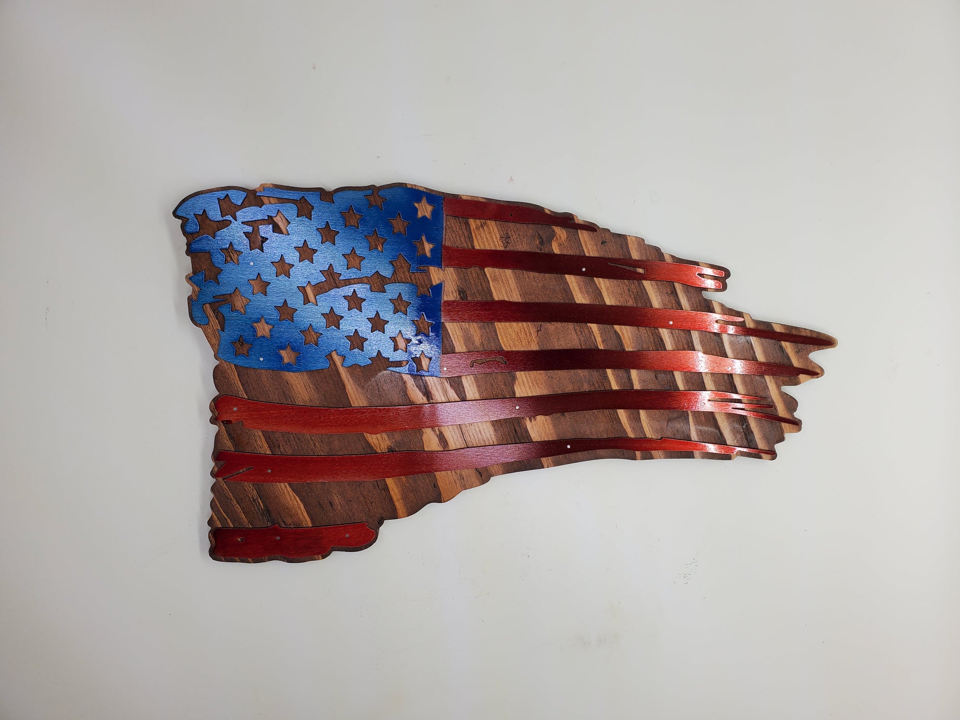 tattered metal on wood American flag wall decor