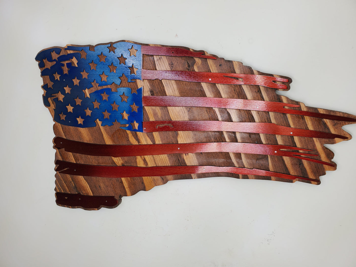 tattered metal on wood American flag wall decor