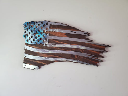 metal on wood tattered american flag
