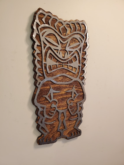 Tiki Man Metal Art on Wood