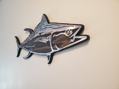 Tuna fish metal art on rustic stained wood background. Easy to hang. Unique gift idea