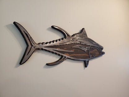 Tuna fish metal art on rustic stained wood background. Easy to hang. Unique gift idea