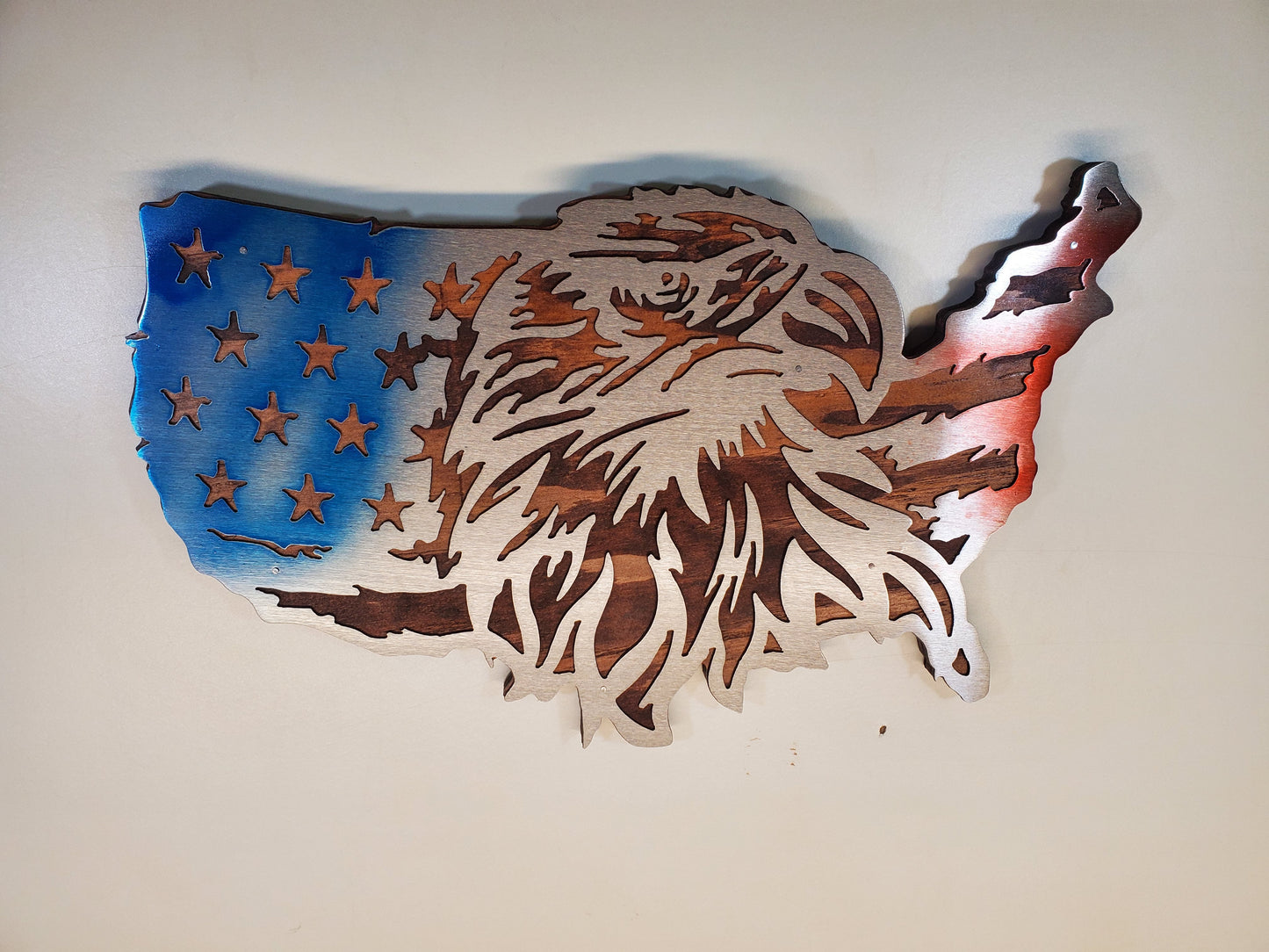 United States Flag with Eagle Metal Art on Wood