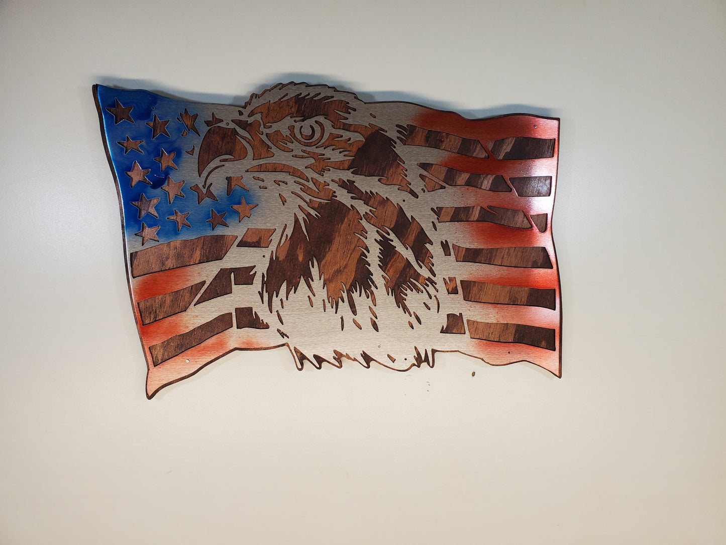 American Flag with Eagle Metal Art on Wood