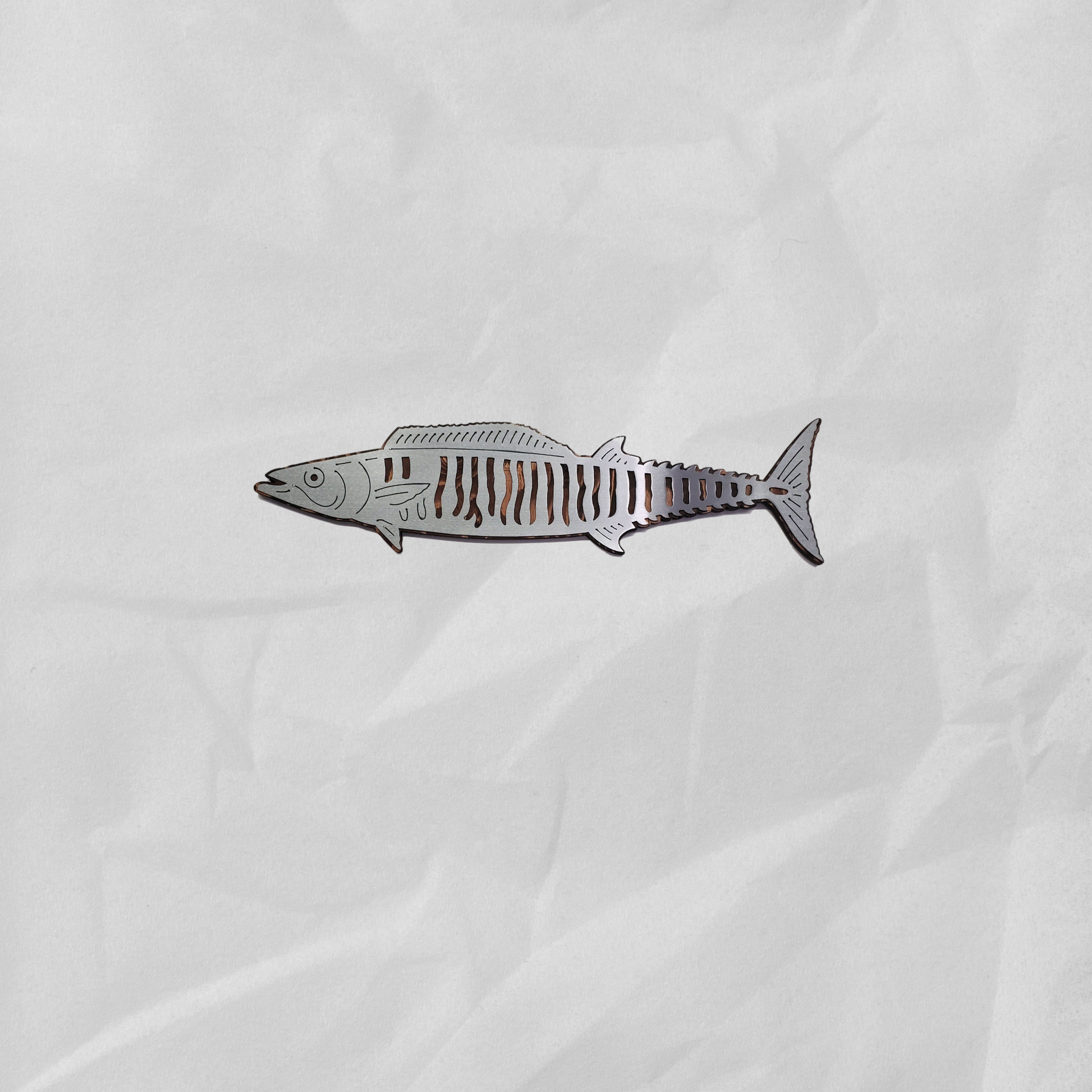 Wahoo Fish Metal Cutout on Stained Wood Background, A Unique and Stylish wall decor piece, made of metal cutout of Wahoo fish shape on a stained wood background, it comes with saw tooth style hanger for easy mounting