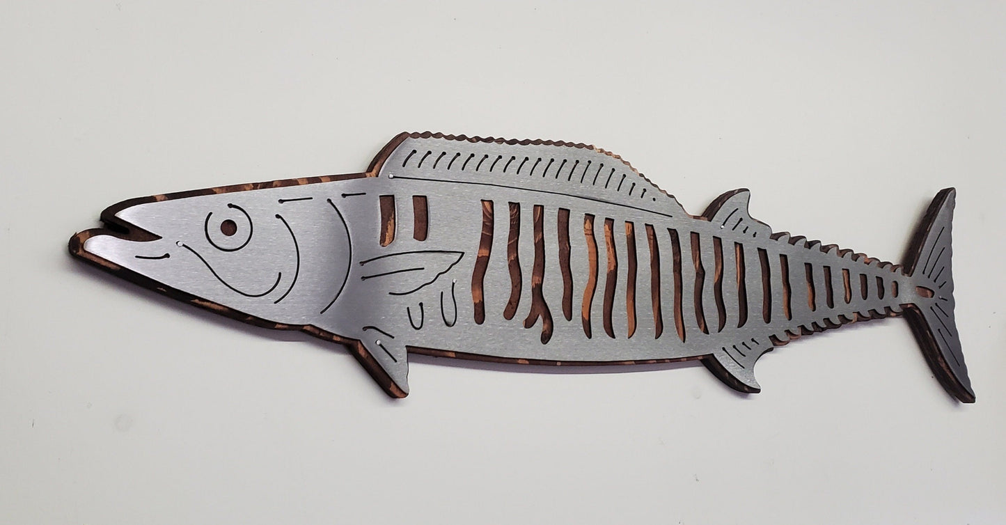Wahoo Fish Metal Cutout on Stained Wood Background, A Unique and Stylish wall decor piece, made of metal cutout of Wahoo fish shape on a stained wood background, it comes with saw tooth style hanger for easy mounting