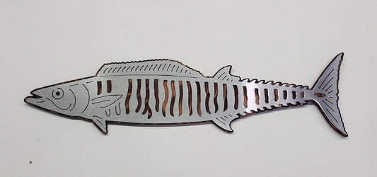 Wahoo Fish Metal Cutout on Stained Wood Background, A Unique and Stylish wall decor piece, made of metal cutout of Wahoo fish shape on a stained wood background, it comes with saw tooth style hanger for easy mounting