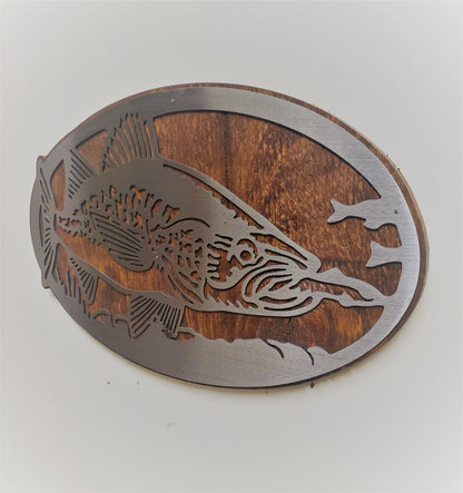 Walleye Fish Scene Metal Art on Wood