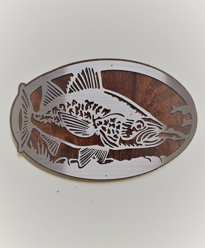 Walleye Fish Scene Metal Art on Wood