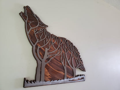 Abstract Wolf and Tree | Metal art on Wood Home decor | Made in USA
