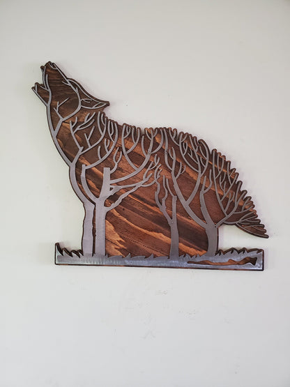 Abstract Wolf and Tree | Metal art on Wood Home decor | Made in USA