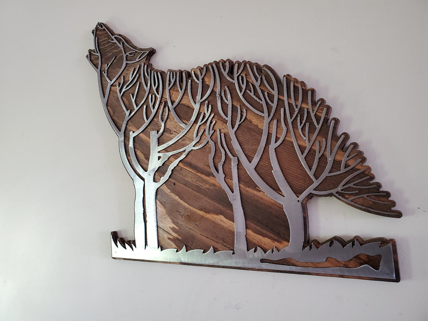 Abstract Wolf and Tree | Metal art on Wood Home decor | Made in USA