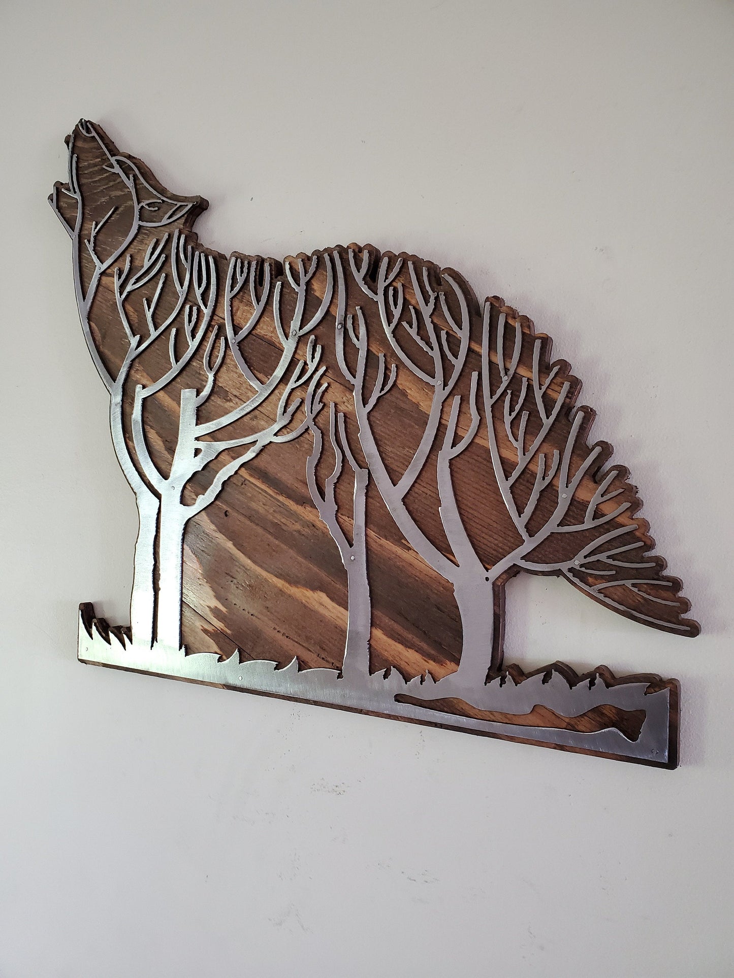 Abstract Wolf and Tree | Metal art on Wood Home decor | Made in USA